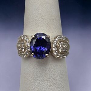 Diamonique Sterling Silver Blue CZ Cocktail Ring Size 8.25 6.7 CTW
